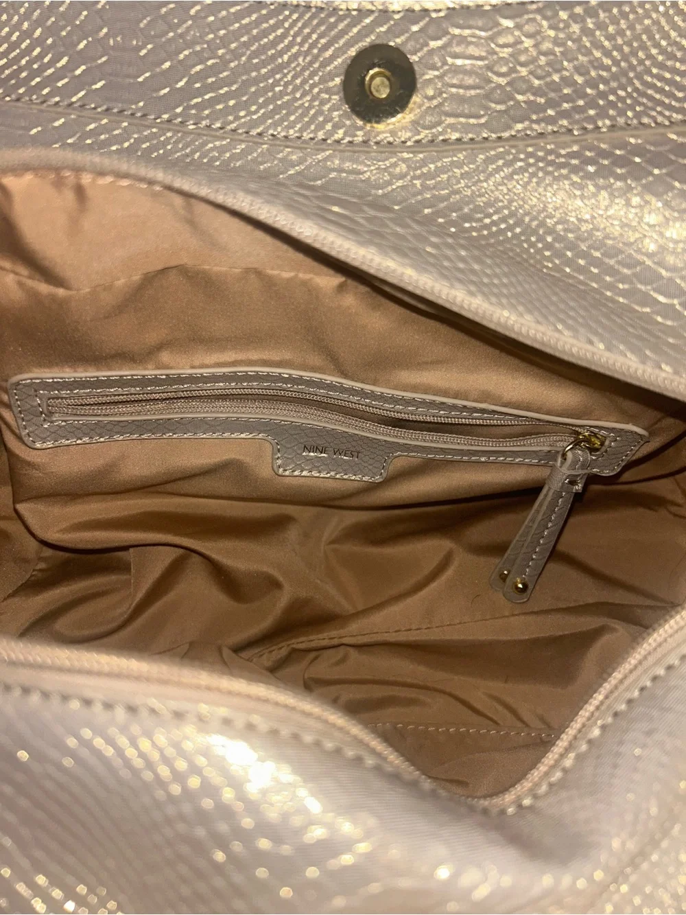 Nine West Metallic Champagne Snake-Embossed Shoulder Bag with Gold Hardware